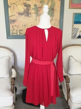 Michael Kors Bold Red Long-Sleeve Pleated Waist Dress